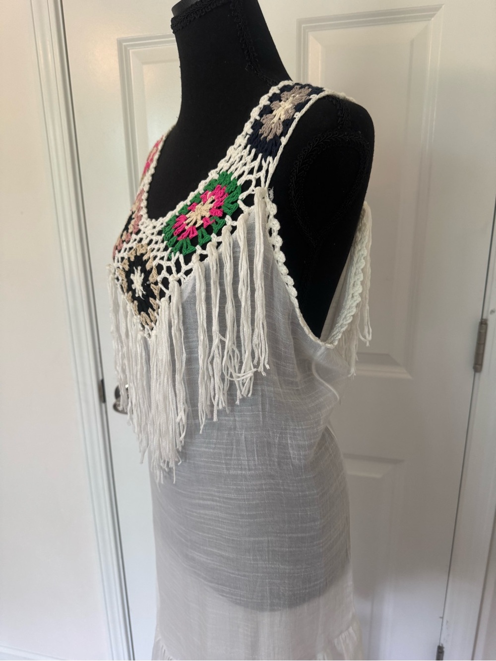 Boho Crochet Granny Square Fringe Dress Sleeveless Festival Beach Cover Up NWT - Picture 4 of 10
